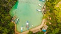 Very beautyful lagoon with boats. Paradise islands in Philippines. Kayangan Lake. Fisheye view. Royalty Free Stock Photo