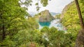 Very beautyful lagoon with boats. Paradise islands in Philippines. Kayangan Lake. Fisheye view. Royalty Free Stock Photo