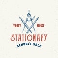 Very Best School Stationary Abstract Vector Sign, Symbol or Logo Template. Crossed Pen, Compass and Pencil Sketch with Royalty Free Stock Photo