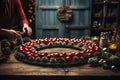 A very big festive Christmas wreath with pine cones and red baubles Royalty Free Stock Photo