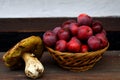 Very big mashroom and red basket with red apples on wood bank, white background.