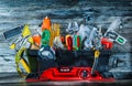 Very big set of construction tools in toolbox on vintage wood Royalty Free Stock Photo