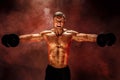 Very brawny guy bodybuilder, execute exercise with dumbbells, on deltoid muscle shoulder Royalty Free Stock Photo