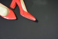 A very bright pair of shoes, fashionable and stylish women`s red shoes with a pointed toe and high heels. Royalty Free Stock Photo