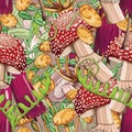 Very bright seamless pattern of colored large mushrooms and leaves. Bright mushrooms. A lot of mushrooms. Fabric