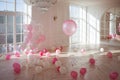 Very bright white room in a classic style. Lots of pink balloons, nobody. Royalty Free Stock Photo