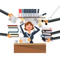 Very busy business woman working her desk in office with a lot of paper work Royalty Free Stock Photo