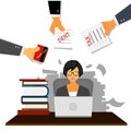 Very busy business woman working her desk in office with a lot of paper work, tax,debt and credit card. Business concept o Royalty Free Stock Photo