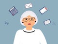 Very busy gorgeous elderly woman accountant with many different thoughts about work