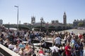 Very busy London South bank with big ben and westminsterbridge i Royalty Free Stock Photo