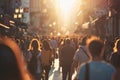 A very busy street with people at sunset. Oncoming sun.