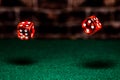 A very close up shot of 2 dice rolling on a green felt table top in very crisp focus, showing 2,4,5 and 6 on the faces.  The Royalty Free Stock Photo