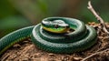 Very closeup side view head of Green Tree Python Morelia viridis also known as the Emerald Green Python