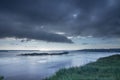 Very cloudy weather. Black clouds over the river. The edge of the river bank. Landscapes. Royalty Free Stock Photo
