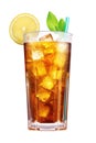 Very cold crystal glass with lemon ice tea on cutout PNG transparent background. Generative AI