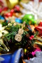 Colorful assortment of Christmas ornaments with blurry background