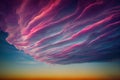 a very colorful cloud formation over a field at sunset or dawn with a plane flying in the distance in the foreground