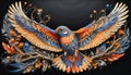 Very colorful and detailed illustration of a decorated bird spreading its wings while flying