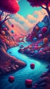 Colorful dreamlike candy land with river and white clouds