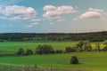 Colorful Bright Sunny Green Field Summer Landscape With Blue Cloudy Sky, Trees And Hills