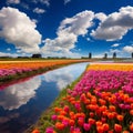 Very Colorful image of the Flower Landscapes in Holland tulips,generated with AI.