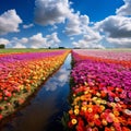 Very Colorful image of the Flower Landscapes in Holland tulips,generated with AI.