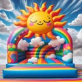 A very colorful outdoor bouncy castle,happy sun,perfect for holiday themed content holidays,vacation Royalty Free Stock Photo