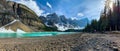 Very common panoramic view of Moraine Lake Alberta, Canada`