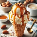 Very creamy ice cream in its edible glass, bathed in caramel and honey