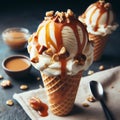 Very creamy ice cream in its edible glass, bathed in caramel and honey Royalty Free Stock Photo