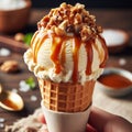 Very creamy ice cream in its edible glass, bathed in caramel and honey Royalty Free Stock Photo