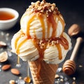 Very creamy ice cream in its edible glass, bathed in caramel and honey