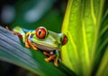 The very curious red-eyed tree frog is sitting on the green leaf and basking in the sunlight. Royalty Free Stock Photo