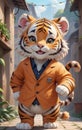 A very cute anthropomorphic tiger is smiling.