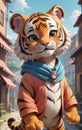 A very cute anthropomorphic tiger is smiling.