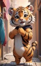 A very cute anthropomorphic tiger is smiling.