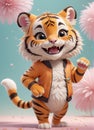 A very cute anthropomorphic tiger is smiling.