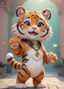 A very cute anthropomorphic tiger is smiling.