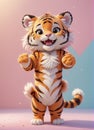 A very cute anthropomorphic tiger is smiling.