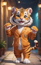 A very cute anthropomorphic tiger is smiling.