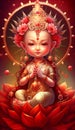 Very cute cute baby Avalokitesvara Bodhisattva sits on red lotus generative AI