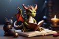 A very cute little dragon with big eyes and wings is reading a book. Fantasy monster. Eastern horoscope. Cartoon character. Fairy Royalty Free Stock Photo