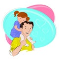 Cartoon colored vector illustration of a very cute little girl sitting on her father`s shoulders and showing her deep love to her Royalty Free Stock Photo