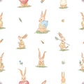 Pattern with very cute rabbits and carrots, leaves, flowers on a white background Royalty Free Stock Photo