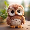 Very cute plush brown owl on table next to flower pot