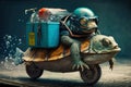 A very cute turtle is aiming, riding a motorcycle, and delivering goods or food to customers in this side view cartoon profile