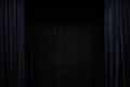 Very dark blue velvet curtain on the sides of a black theatre stage, background frame with large copy space