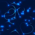 Very dark seamless pattern with neon blue laser hearts