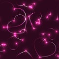 Very dark seamless pattern with neon pink laser hearts