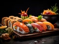 Very delicious and appetizing sushi with blurred background